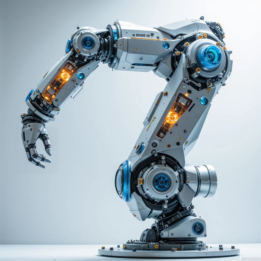 A robotic arm with glowing blue and orange lights against a plain background.