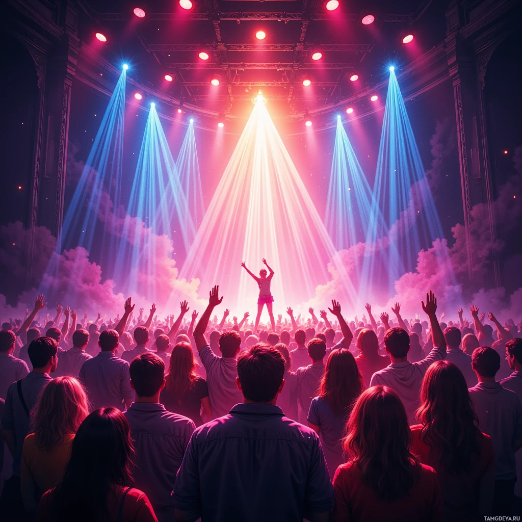 A vibrant concert scene with colorful stage lights and an enthusiastic crowd raising their hands in excitement.
