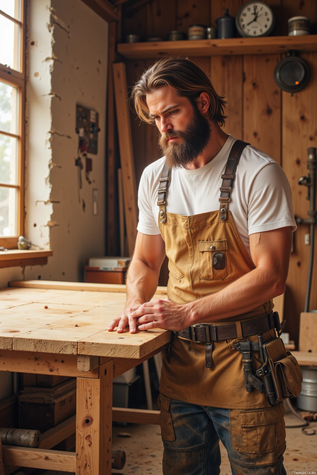 A man in a workshop wearing overalls and a white shirt, leaning on a wooden workbench.
