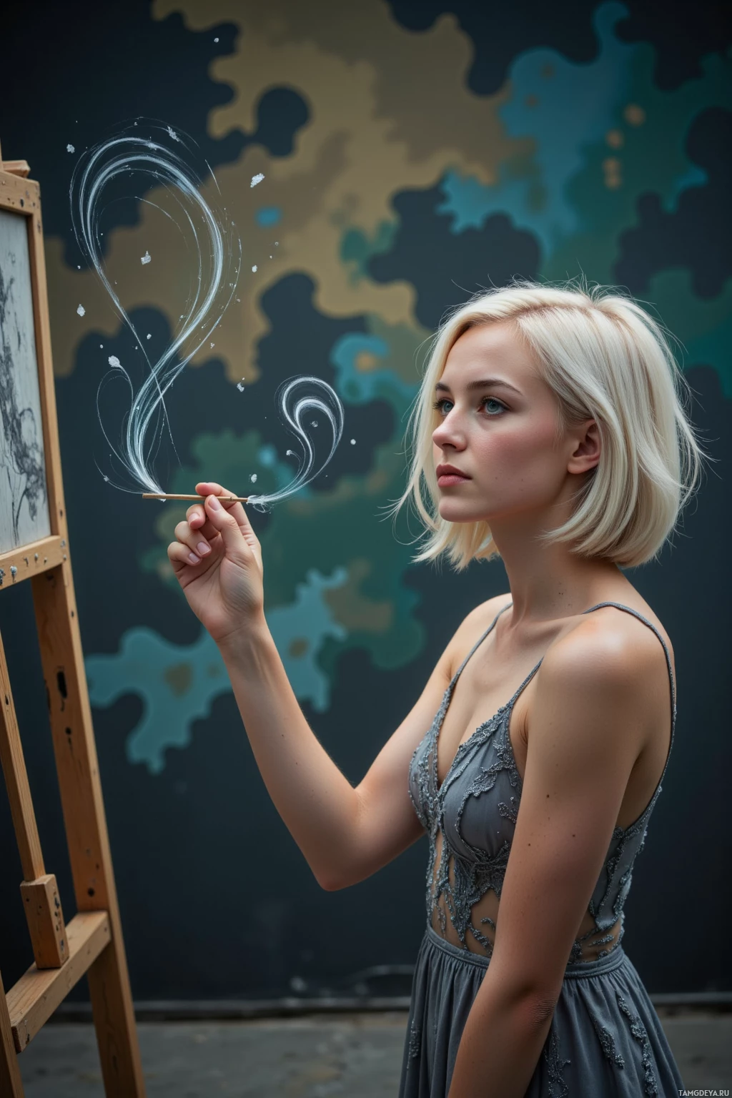 A woman in a gray dress is holding a paintbrush, seemingly in the act of painting.