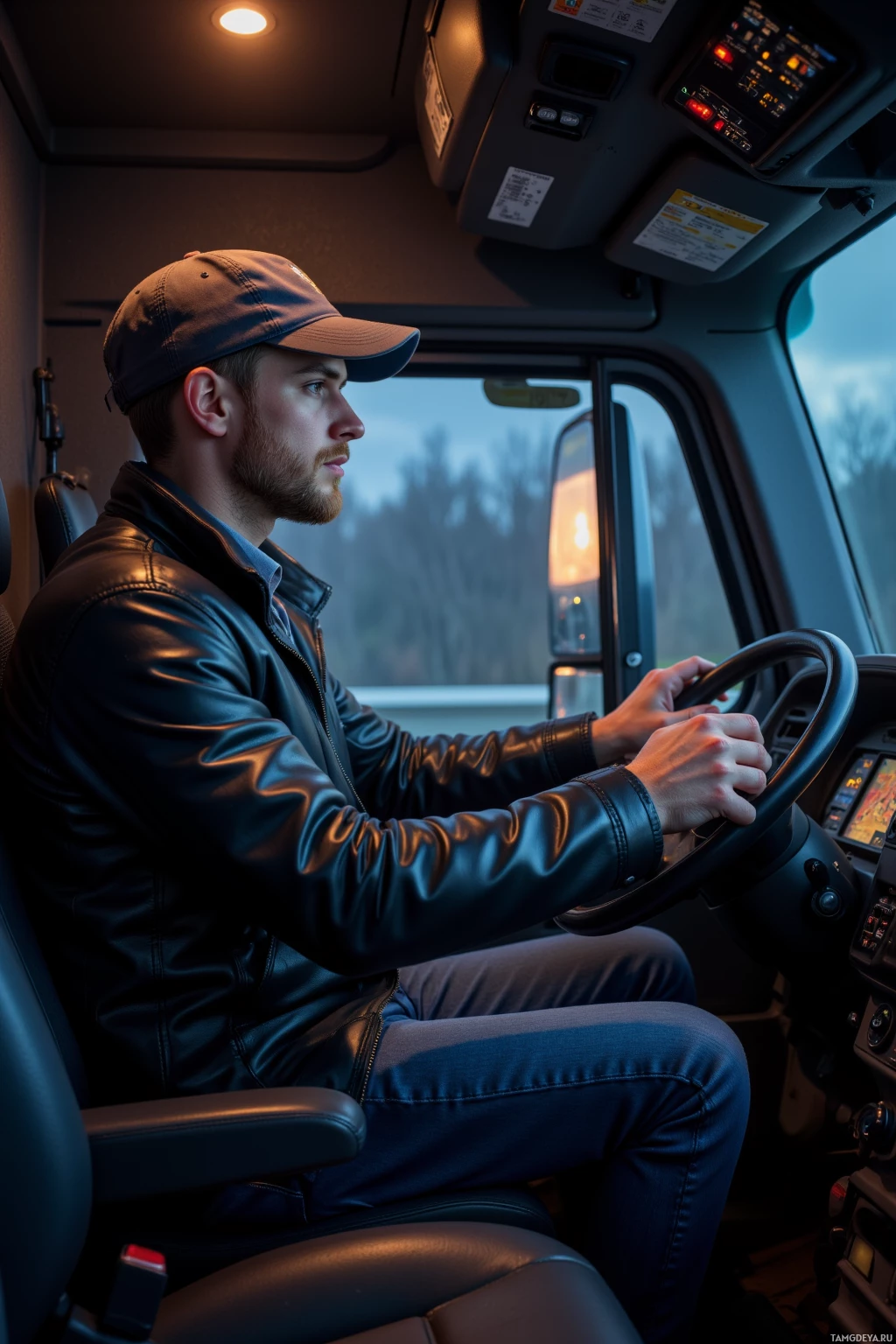 A person wearing a cap and leather jacket is driving a vehicle.