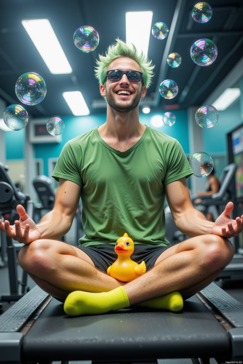 A man in a gym setting is meditating with a rubber duck and soap bubbles floating around him.