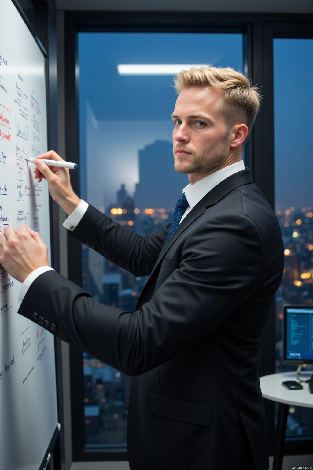 A man in a suit writes on a whiteboard in an office with a cityscape view.