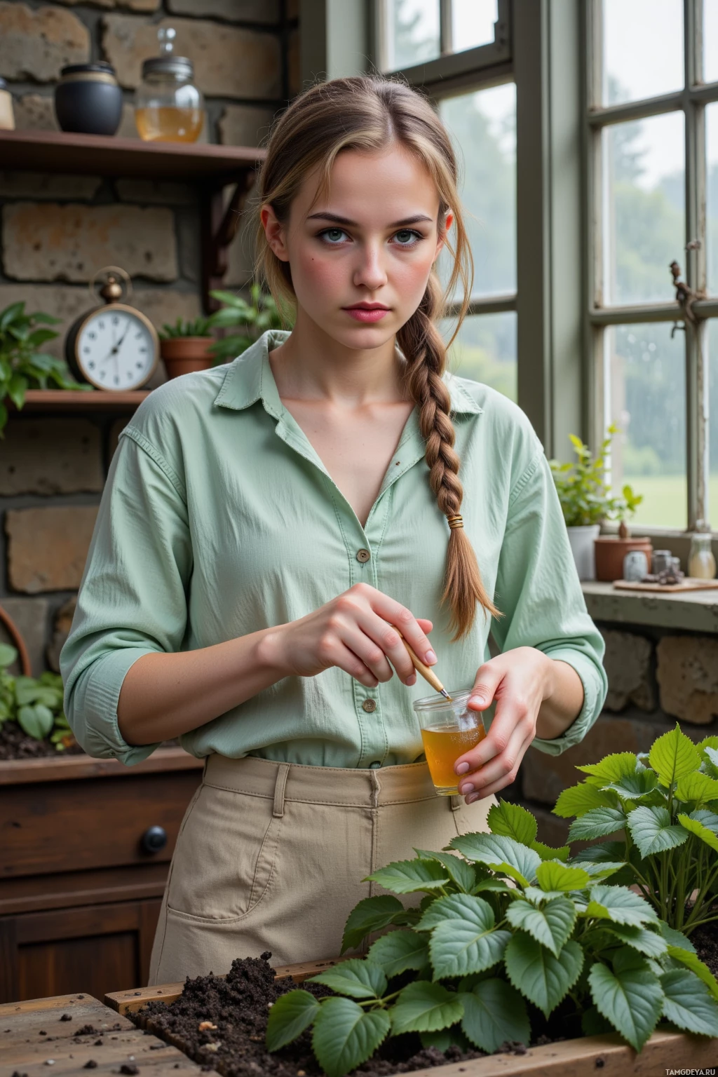 A person in a green shirt and khaki pants is holding a small glass with a liquid and a brush, standing in a room with plants and a window.