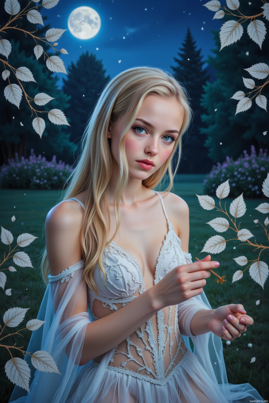 A woman in a white lace dress holds a small insect under a night sky with a full moon.