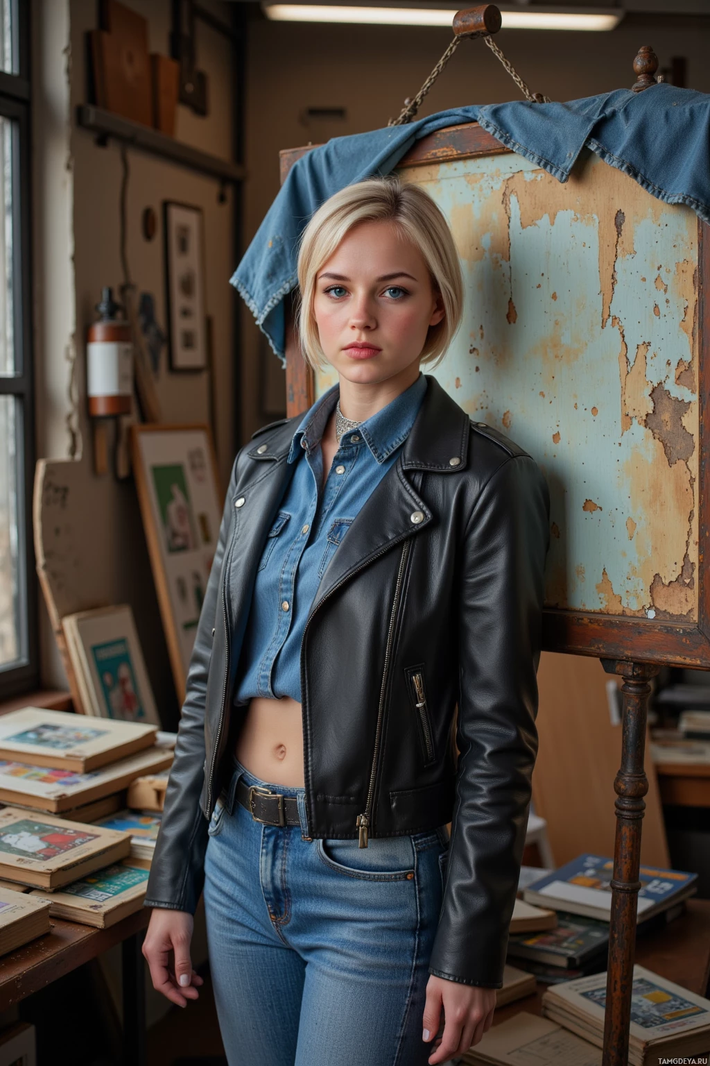 A person stands in an indoor setting wearing a black leather jacket over a denim shirt and jeans, with books and framed items visible on shelves behind them.
