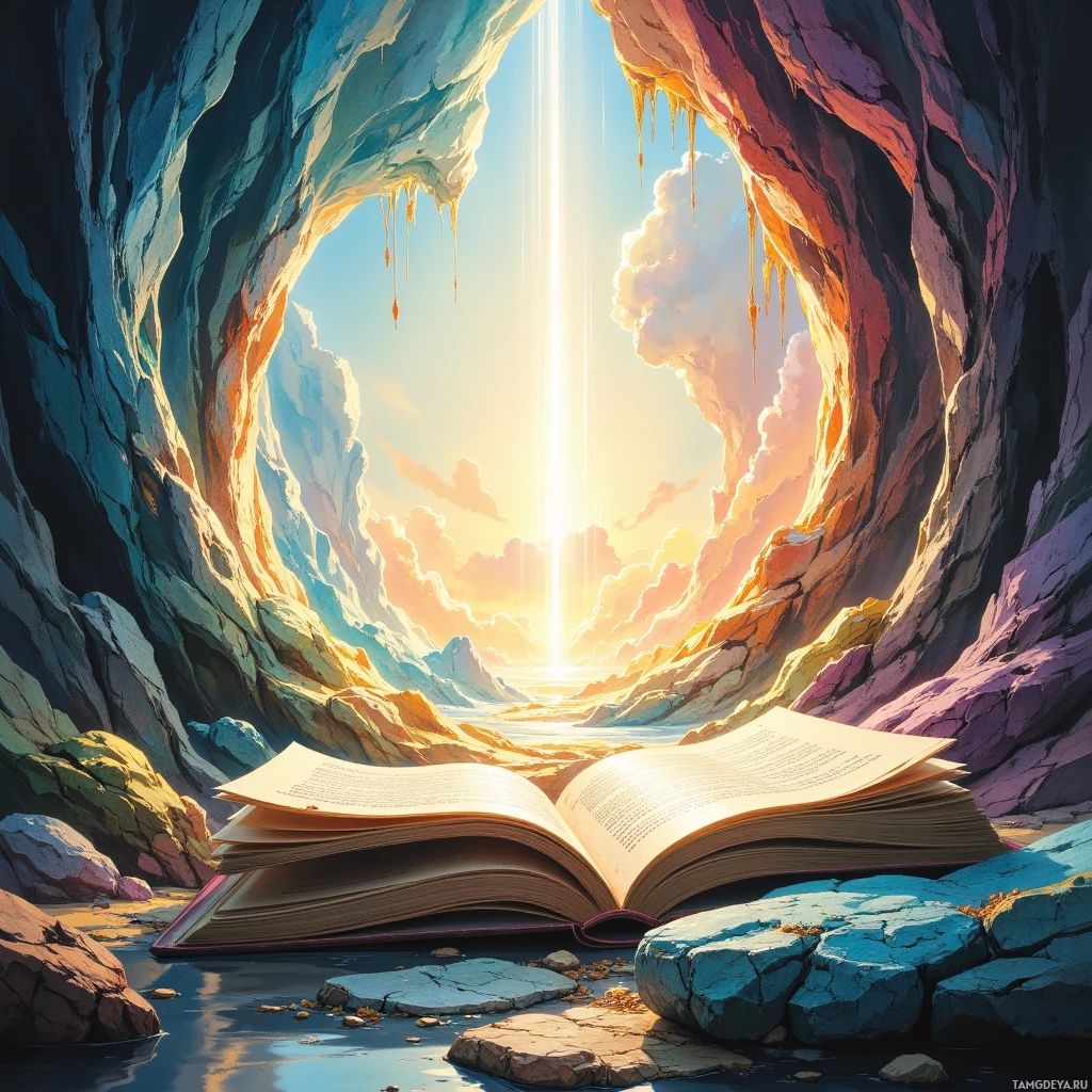 An open book lies on rocks in front of a cave entrance with sunlight streaming through.