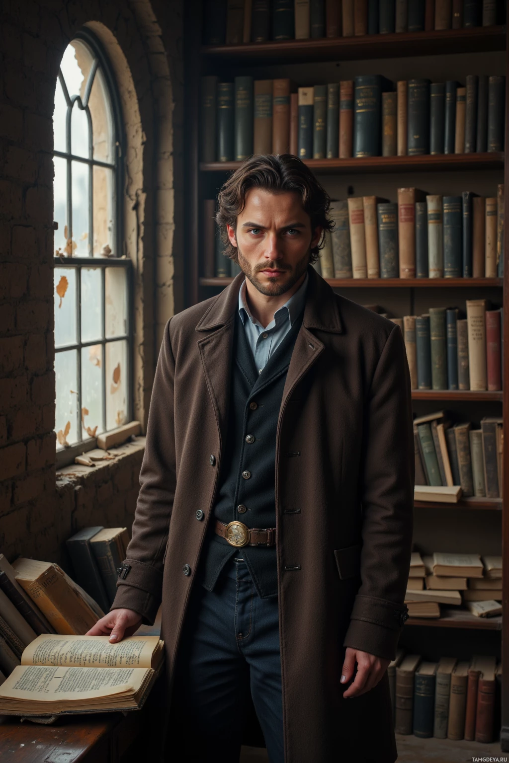 A man in a brown coat stands in a library with bookshelves and an open book.
