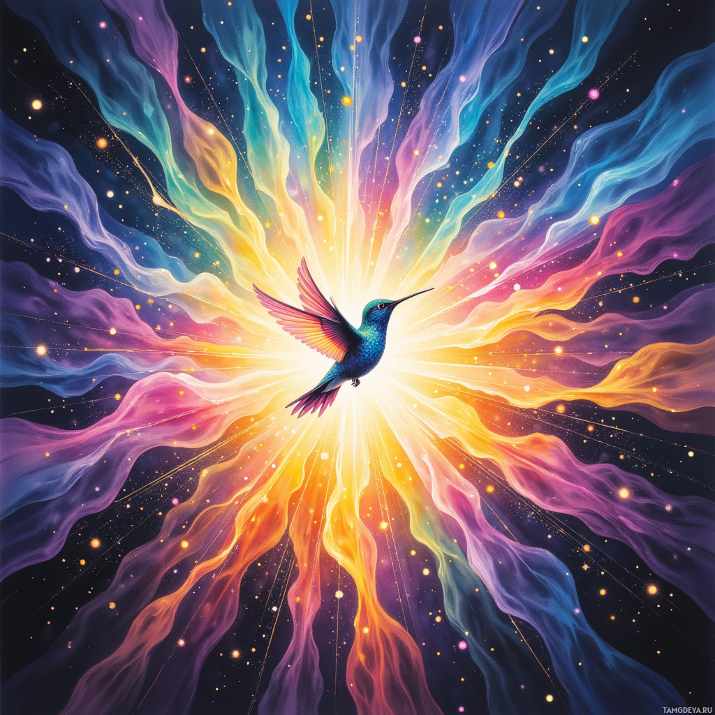 A vibrant, abstract image featuring a hummingbird amidst a burst of colorful, wavy light rays against a dark background.