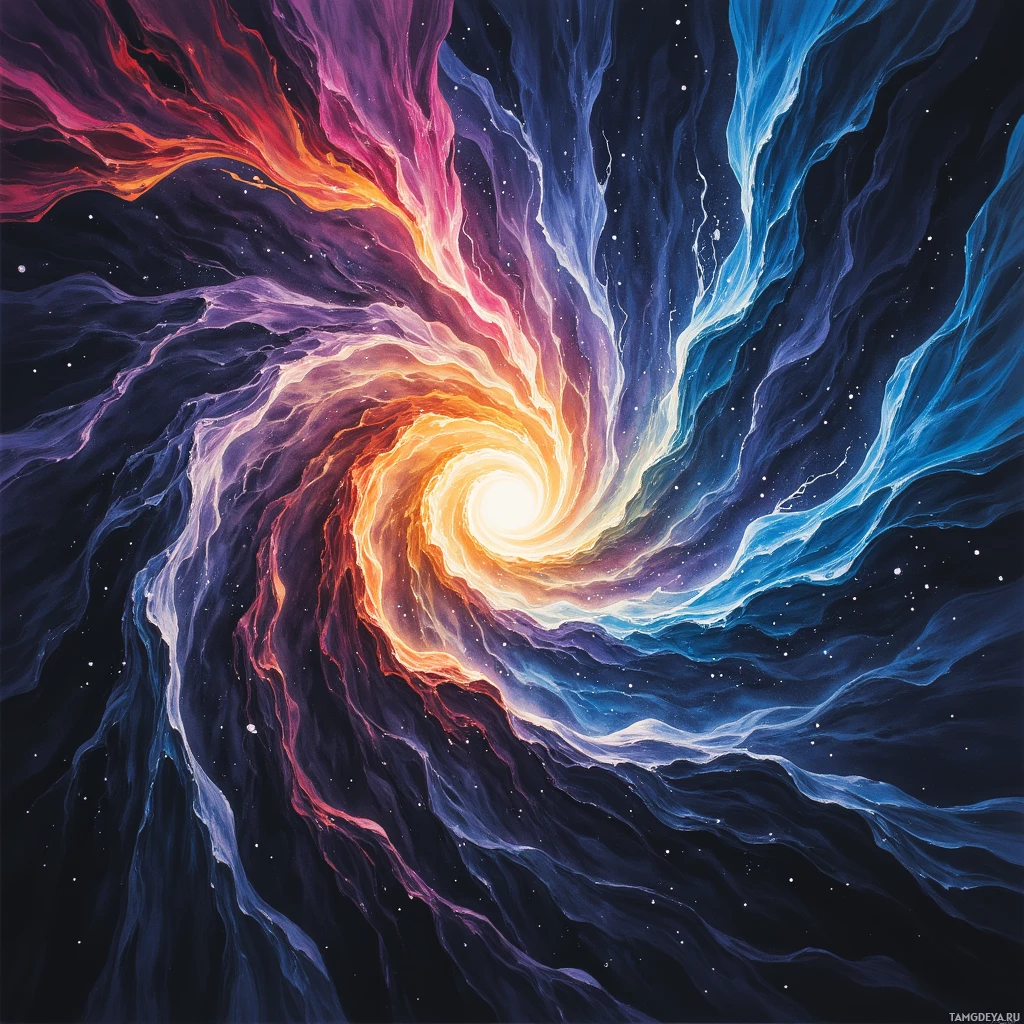 A vibrant, swirling cosmic vortex with a bright center and flowing, colorful tendrils against a dark background.