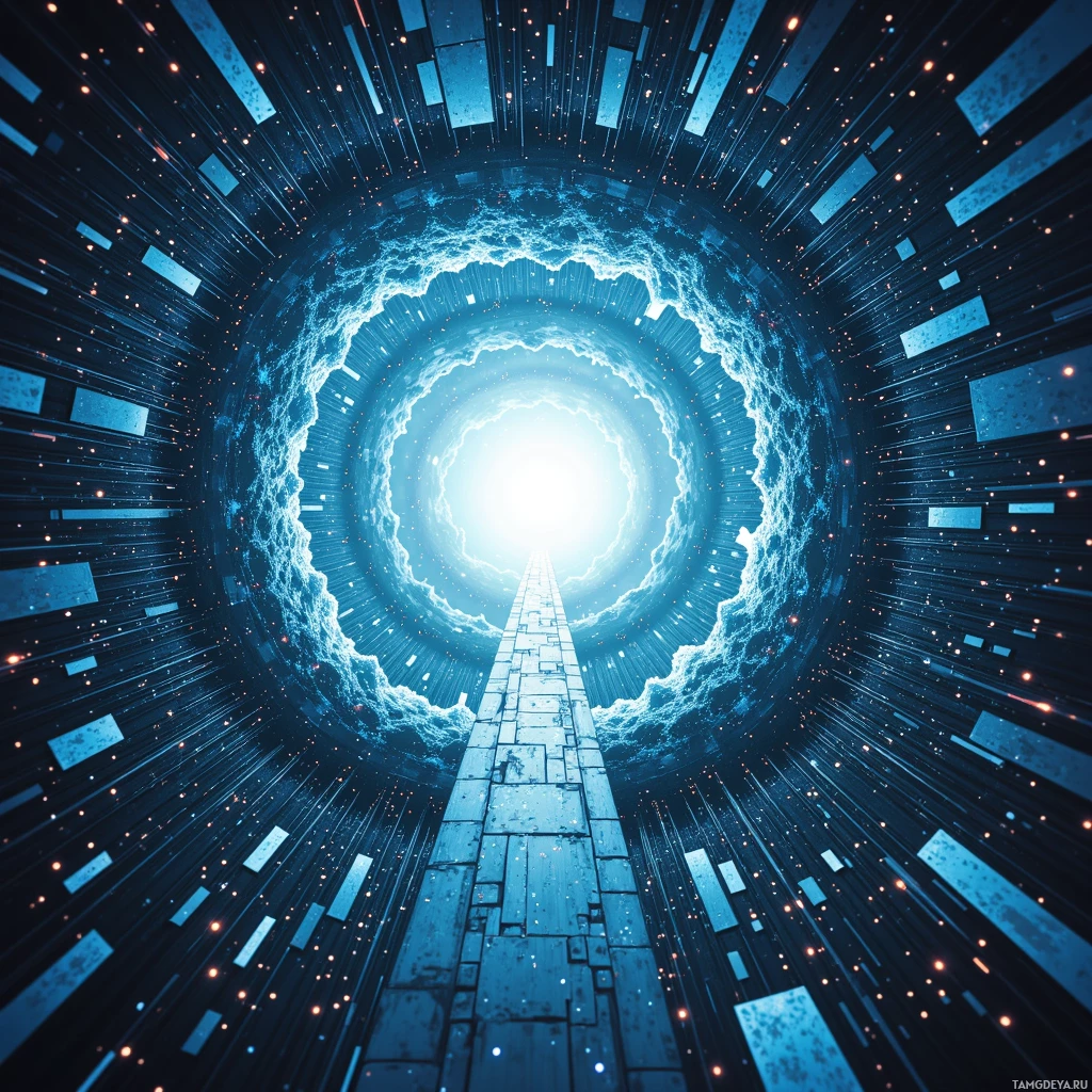 A futuristic tunnel with glowing lines and a bright light at the end.
