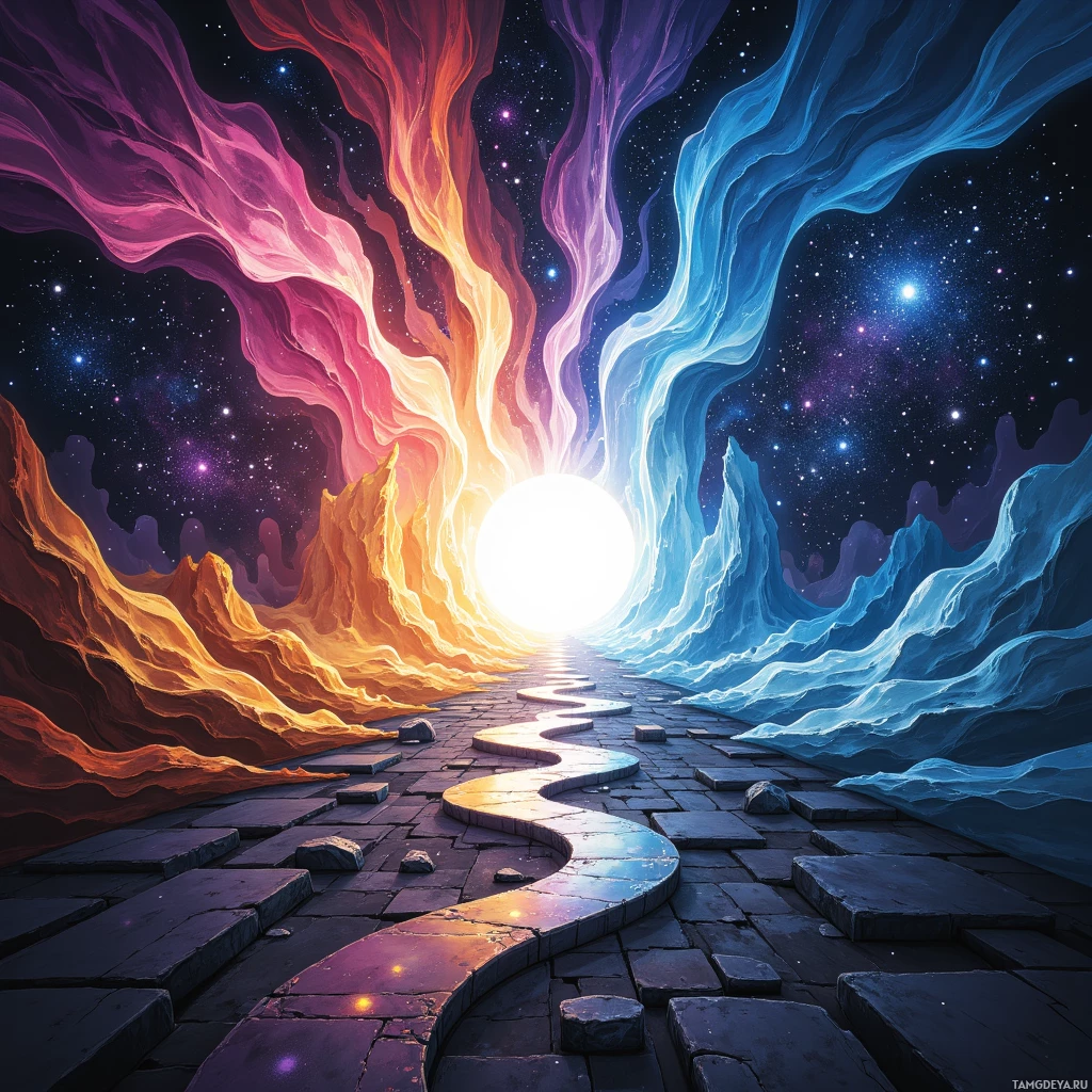A vibrant, cosmic scene featuring a path leading towards a bright light, flanked by swirling clouds in shades of orange, purple, and blue against a starry night sky.