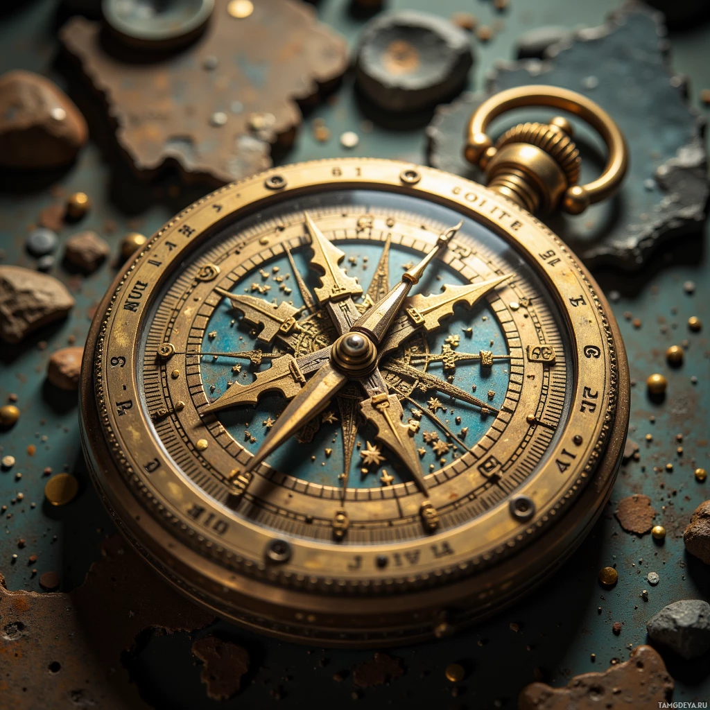 A close-up of an ornate, vintage compass with a blue face and gold detailing.