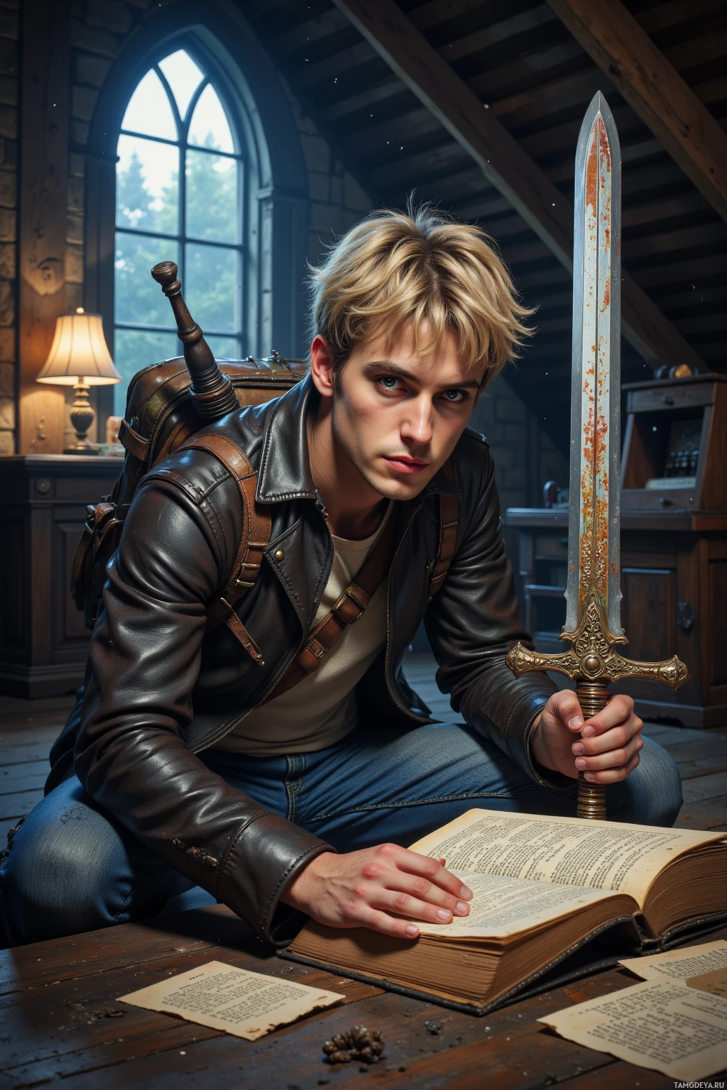 A person in a leather jacket holds a sword and sits beside an open book on a wooden table.
