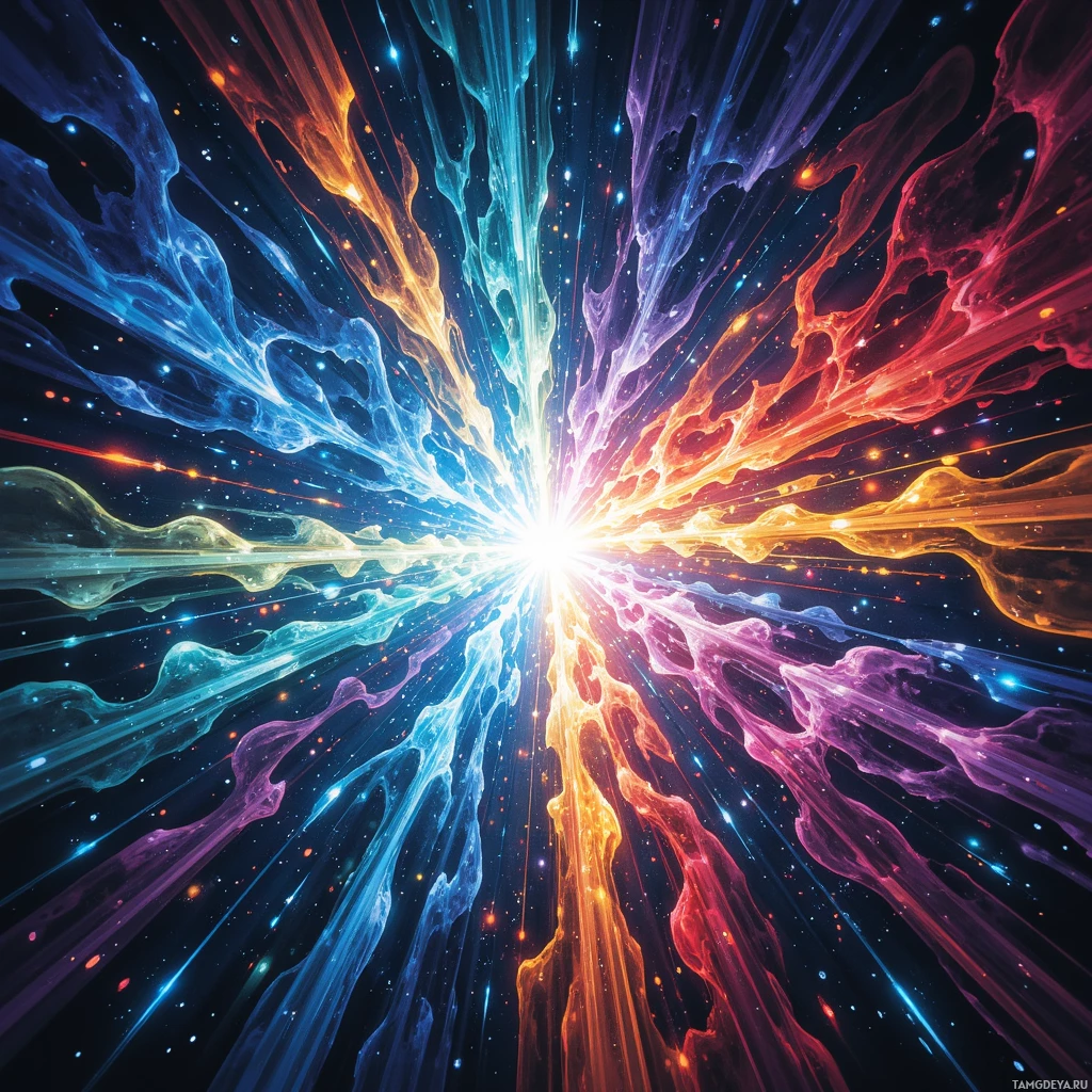 A vibrant cosmic explosion with swirling colors and bright light at the center.