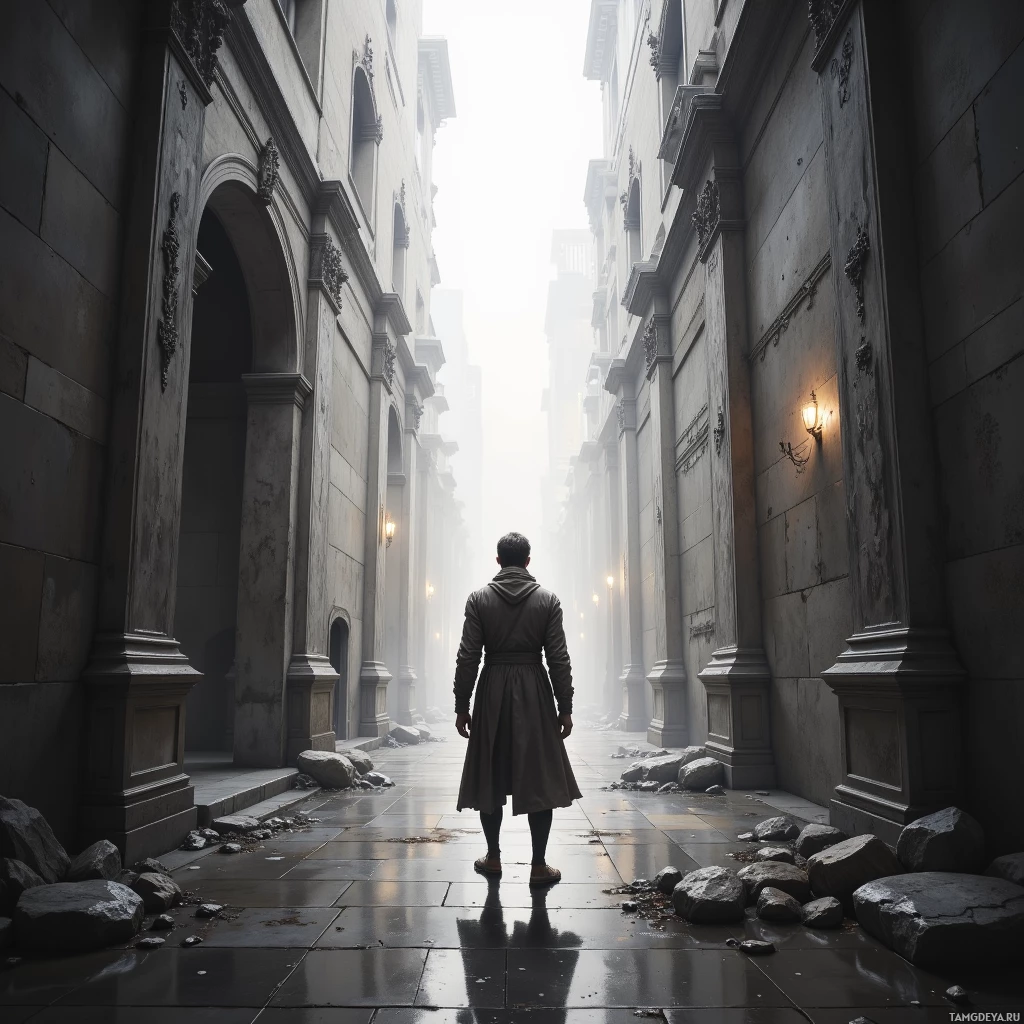 A solitary figure stands in a dimly lit, narrow alleyway with classical architecture and scattered debris.