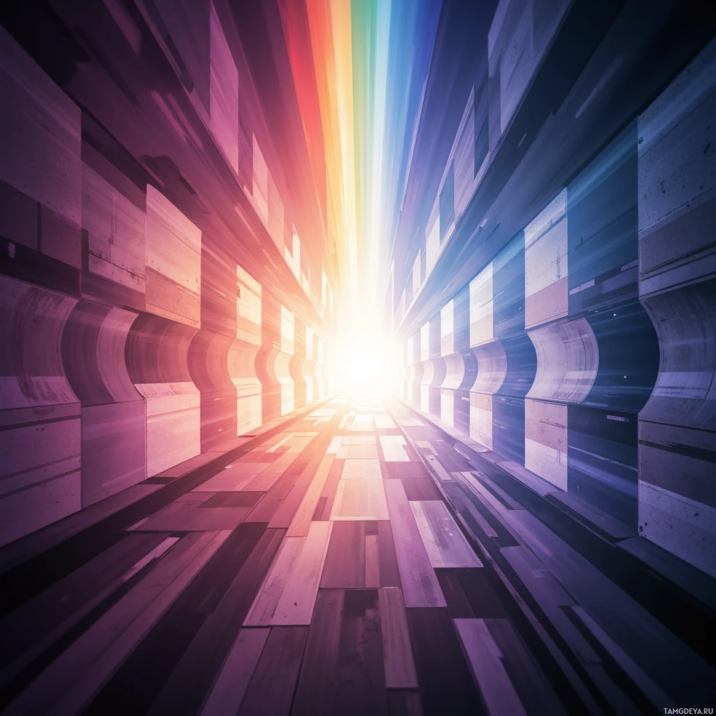 A vibrant, abstract tunnel with a rainbow gradient and dynamic light effects.