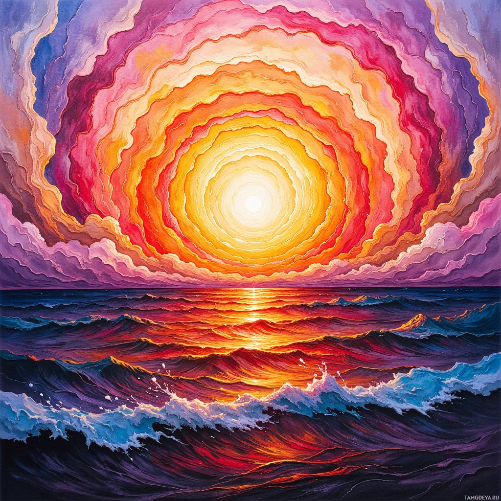 A vibrant sunset over the ocean with swirling colors and a glowing sun.