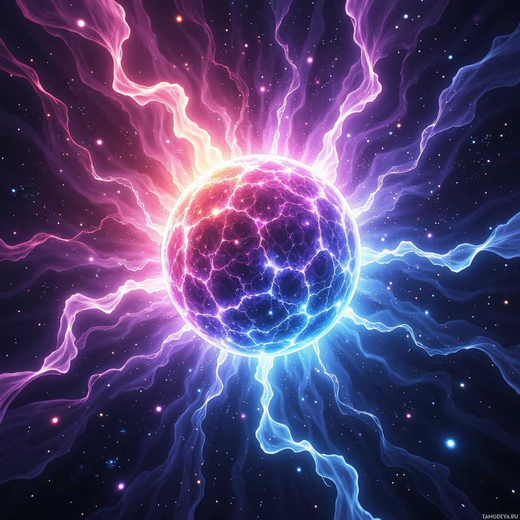 A glowing sphere surrounded by vibrant, electric-like tendrils in pink and blue against a starry background.