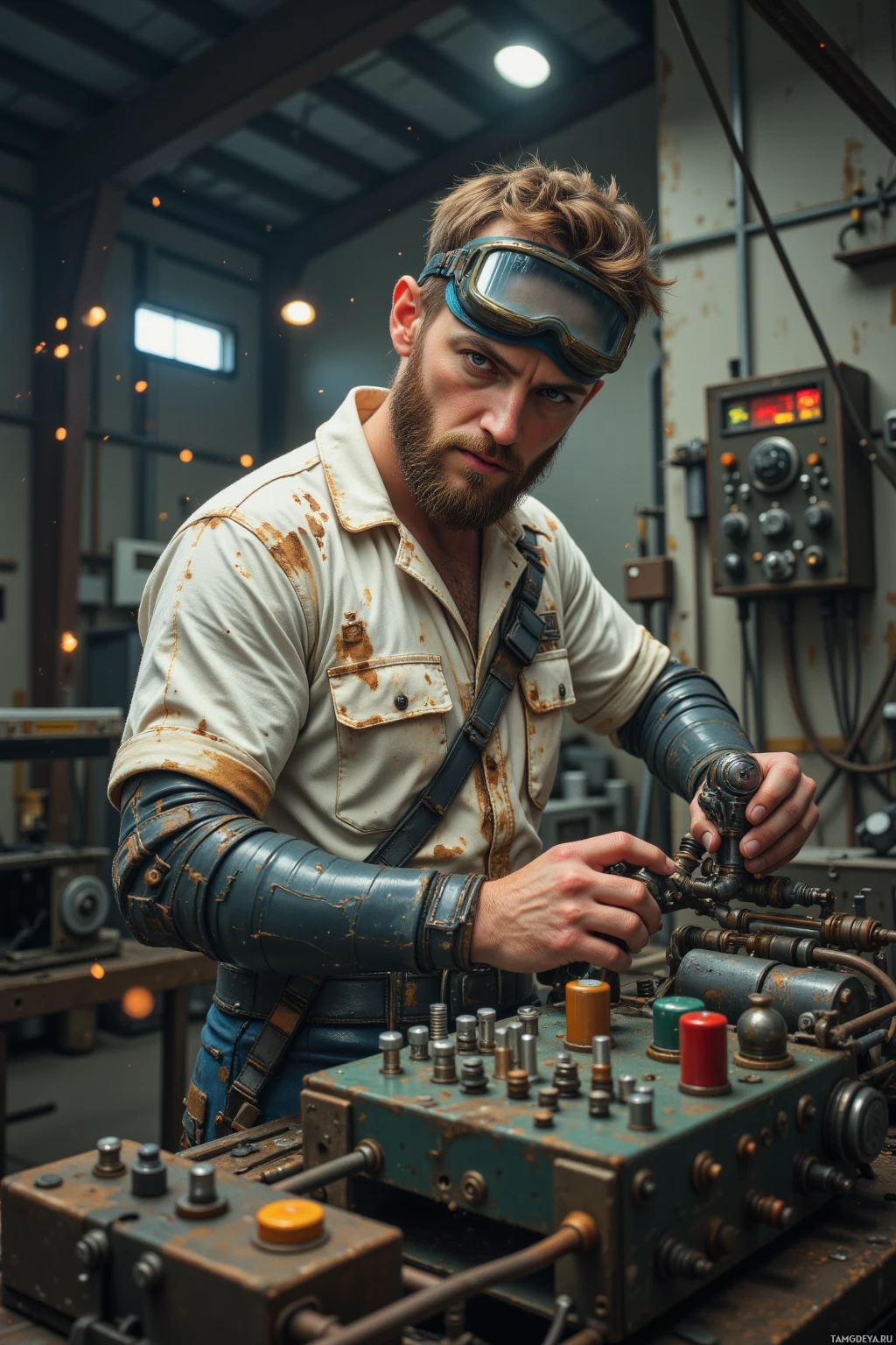 A person wearing protective goggles and a dirty shirt is working on a complex machine in a workshop.