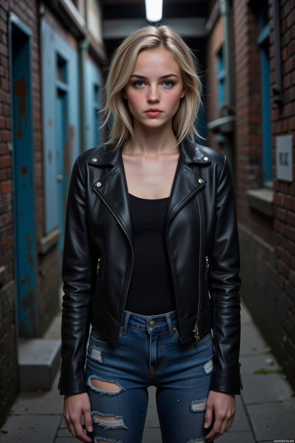 A person stands in an alleyway wearing a black leather jacket and ripped jeans.