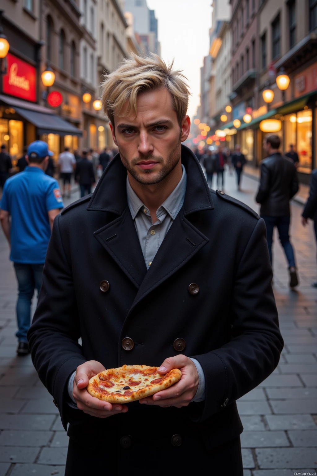 A person in a black coat holds a small pizza on a busy street at dusk.
