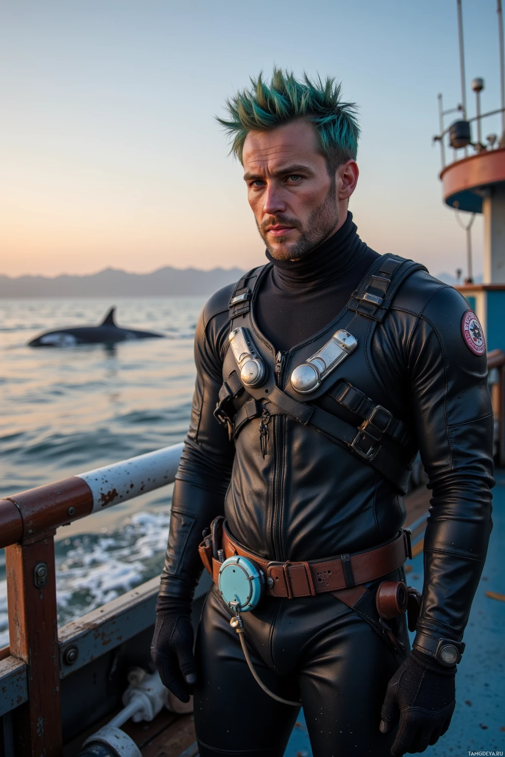 A person in a black diving suit stands on a boat, with a dolphin visible in the water behind them.