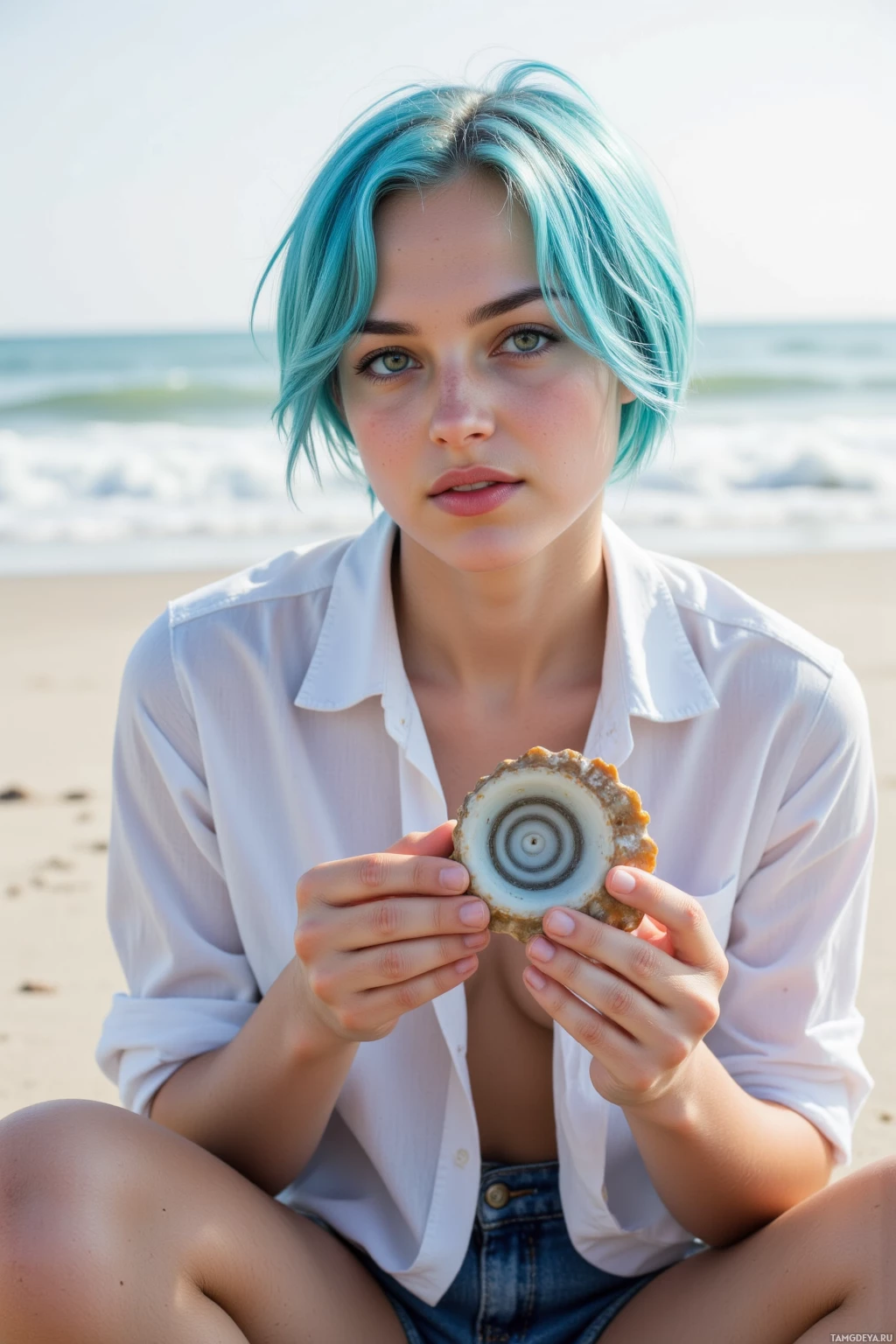 A person with blue hair sits on a beach holding a seashell.