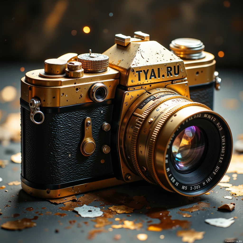 A vintage camera with a gold finish and the text "TYAI.RU" on the top.