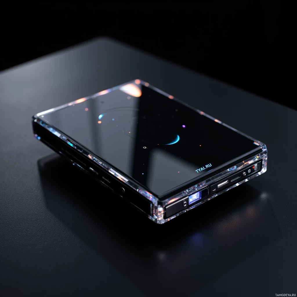 A sleek, transparent electronic device with a black screen and glowing blue accents is displayed on a dark surface.