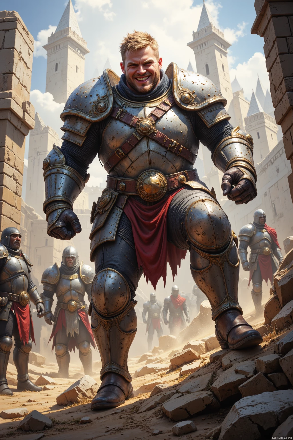 A knight in full armor leads a group of soldiers through a dusty battlefield.