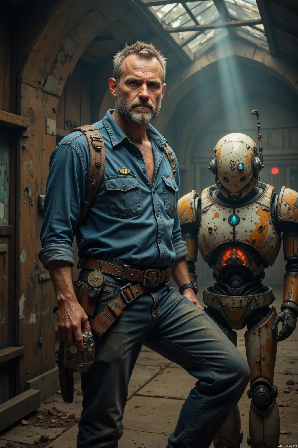 A man in a rugged outfit stands beside a robot in a dimly lit, industrial setting.