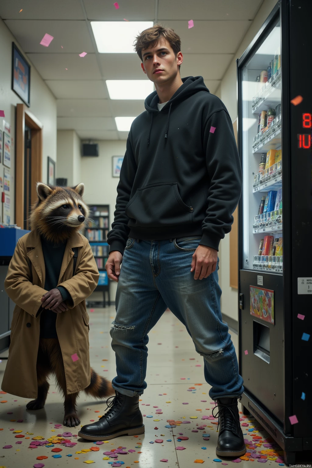 A person and an anthropomorphic raccoon stand in front of a vending machine with colorful confetti scattered on the floor.