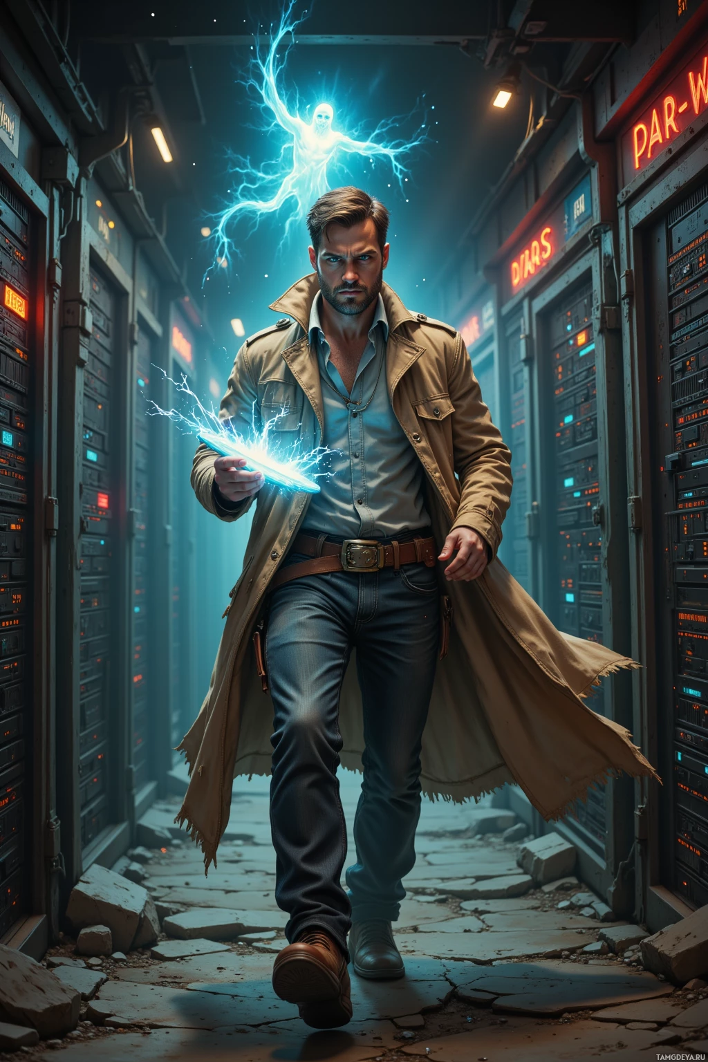 A man in a trench coat walks through a dimly lit, futuristic corridor with glowing blue energy emanating from his hand.