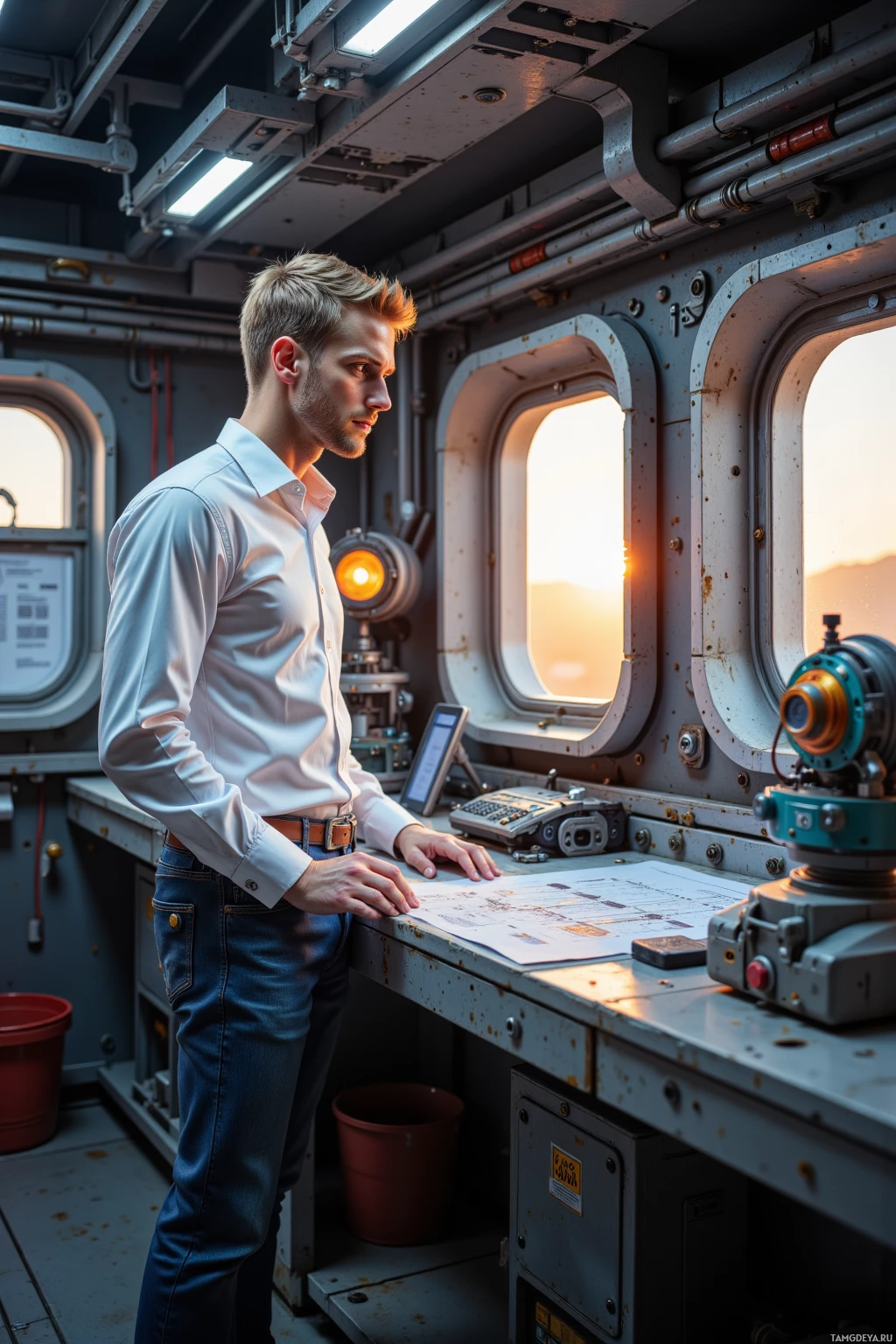 A man in a white shirt and jeans stands in a control room, looking out a window.