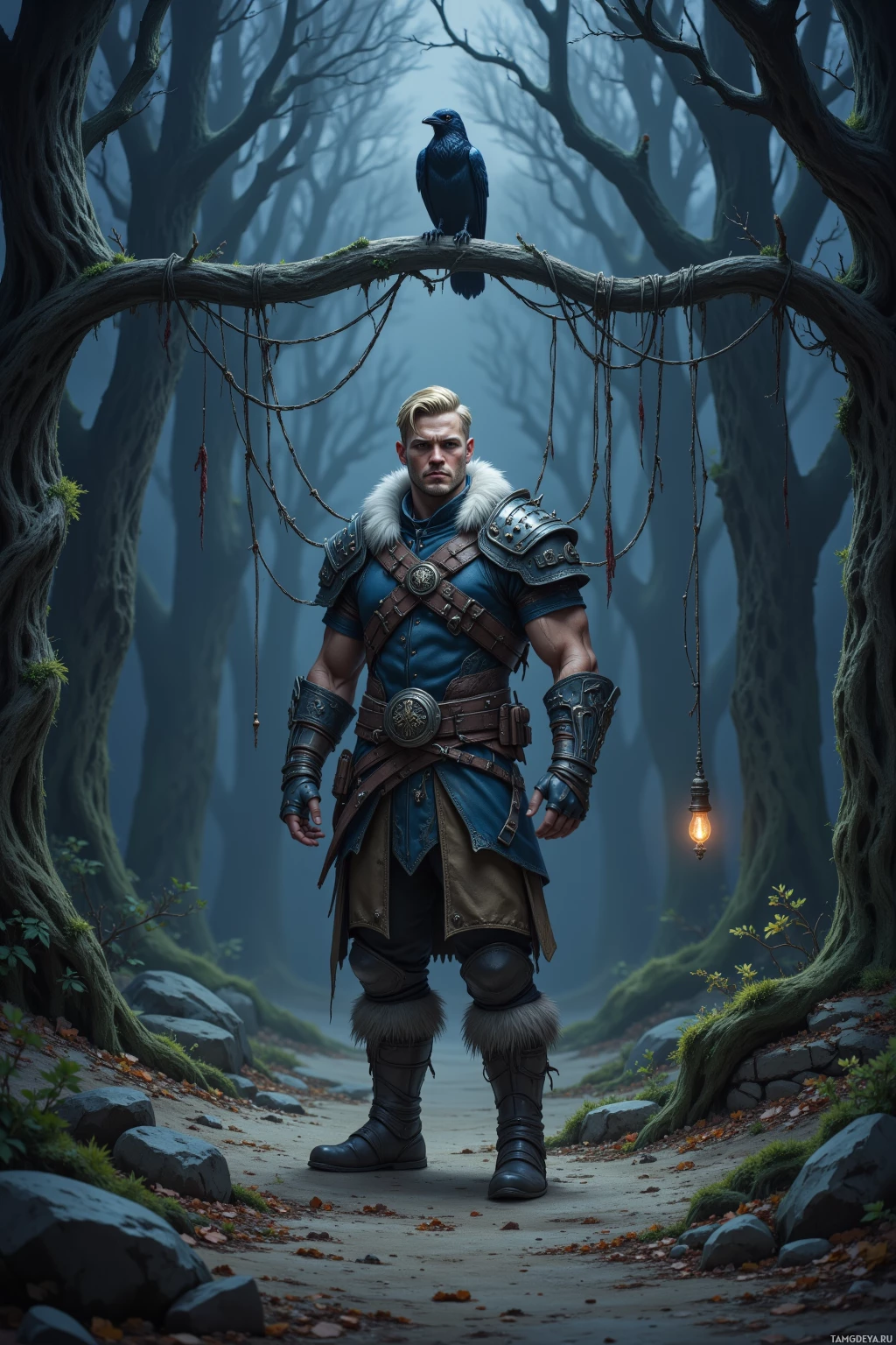 A warrior stands in a misty forest, adorned in detailed armor with a crow perched on a branch above.