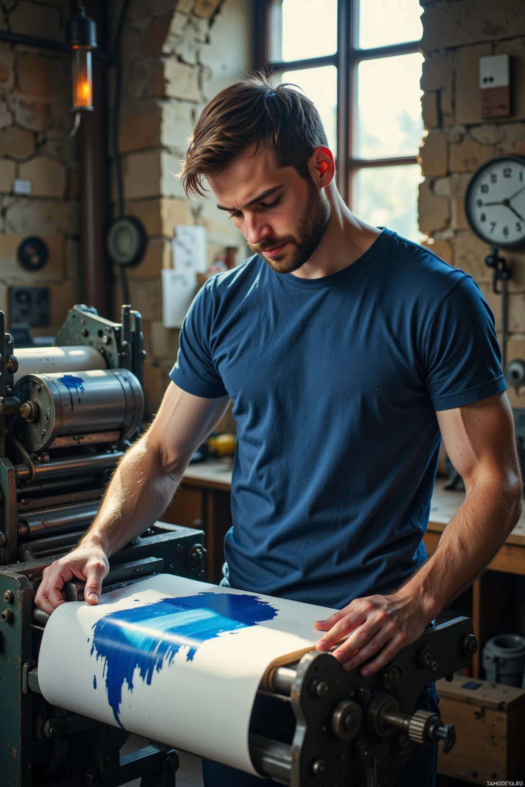 A man in a blue shirt operates a printing press in a workshop setting.
