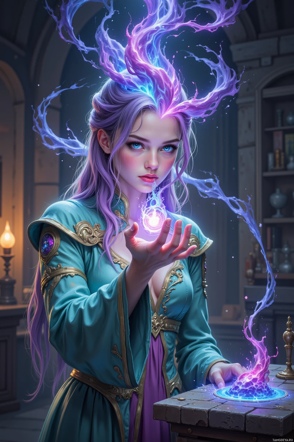 A woman with purple hair and blue eyes casts a glowing spell in a room with shelves and a lamp.