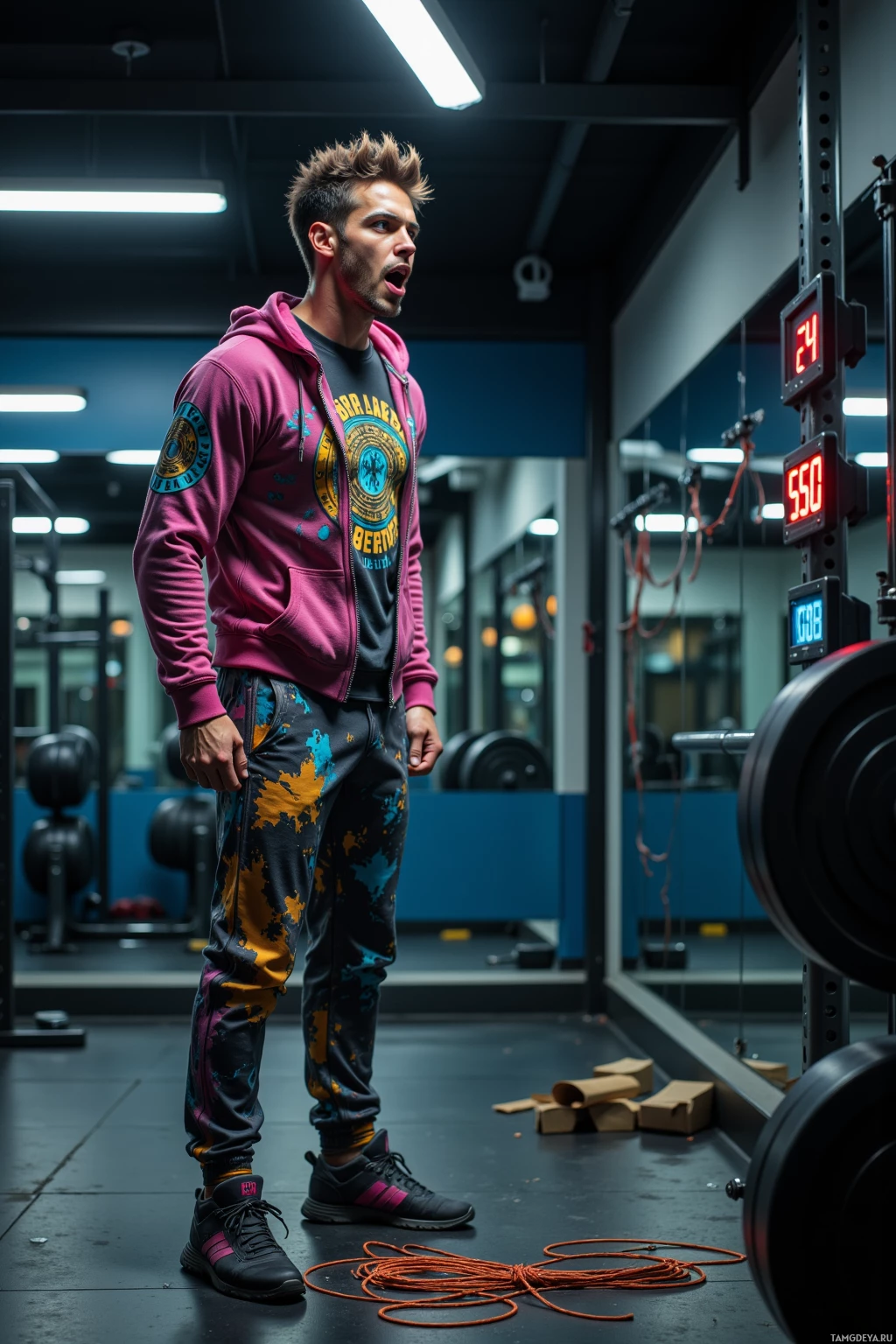 A man in a gym wearing a pink hoodie and patterned pants stands near a weightlifting rack.