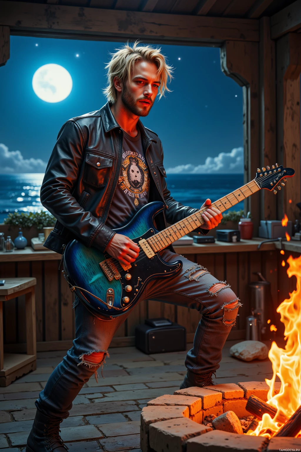 A person in a leather jacket plays a guitar by a fire under a night sky.