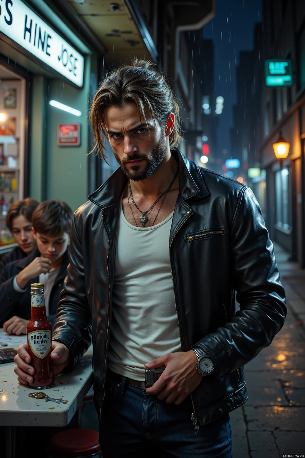 A man in a leather jacket stands in a rainy alleyway holding a bottle of ketchup.