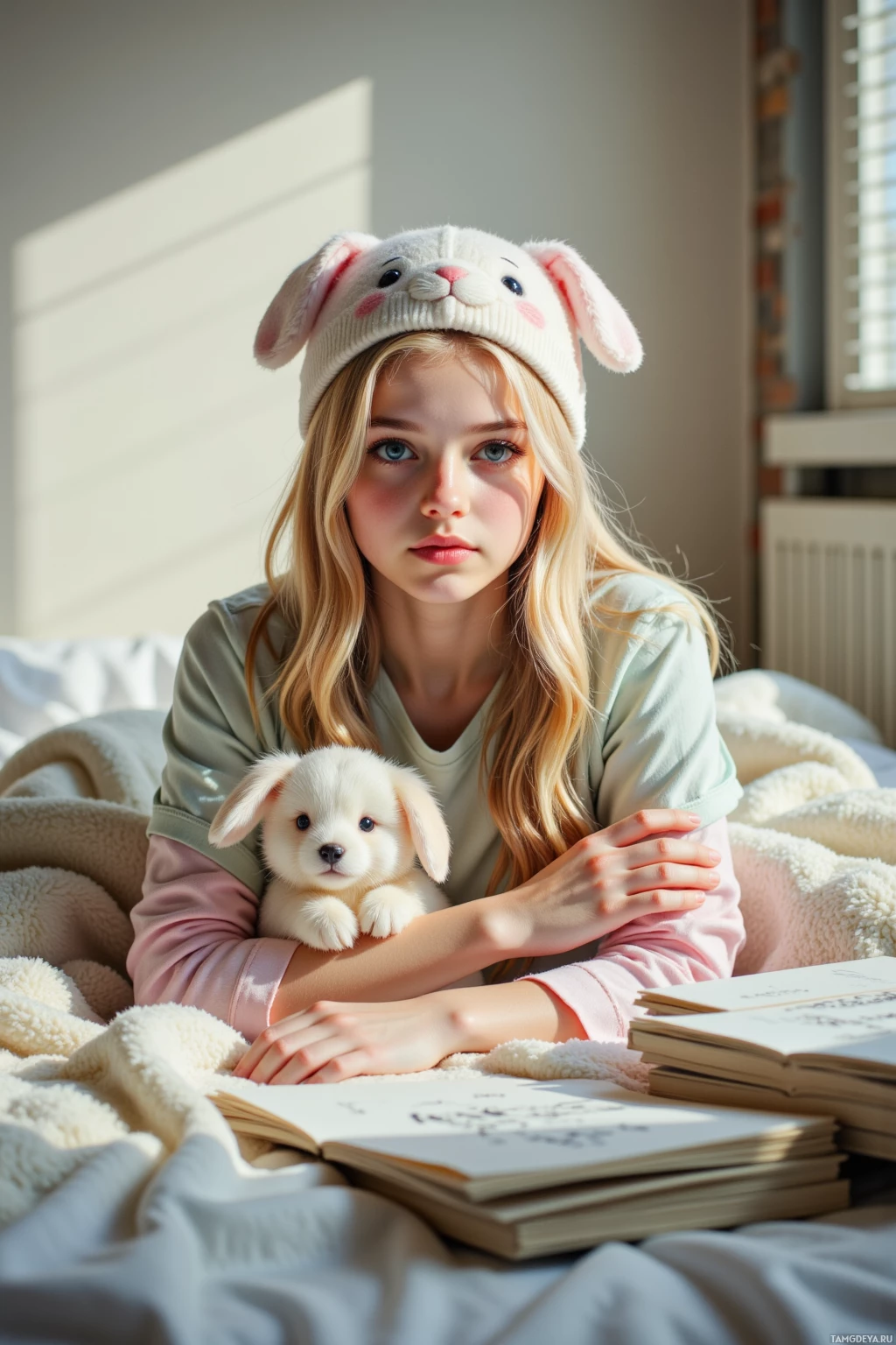 A girl wearing a bunny hat holds a small puppy while lying on a bed with books.