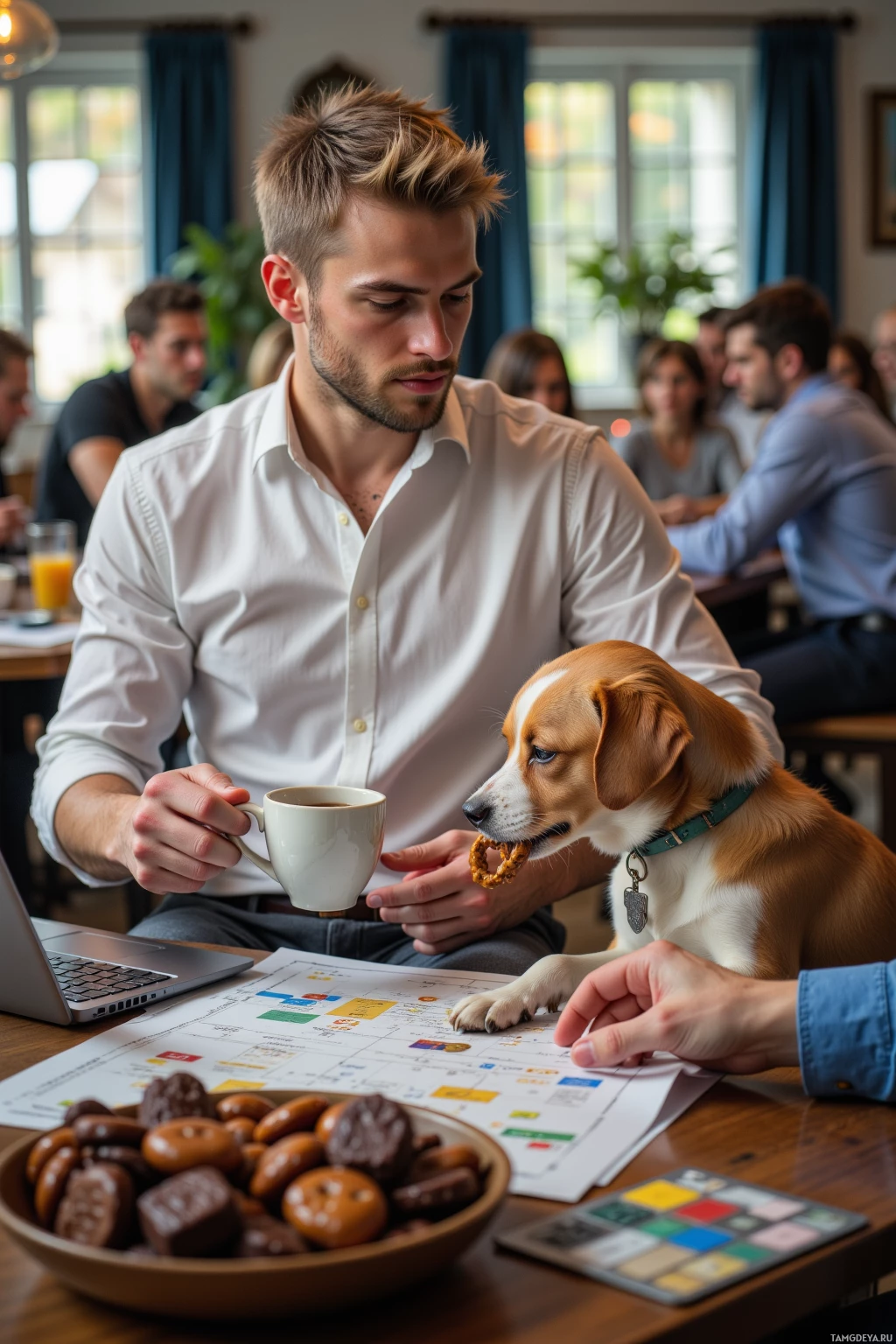 A man in a white shirt sits at a table with a dog, holding a coffee cup and looking at documents.