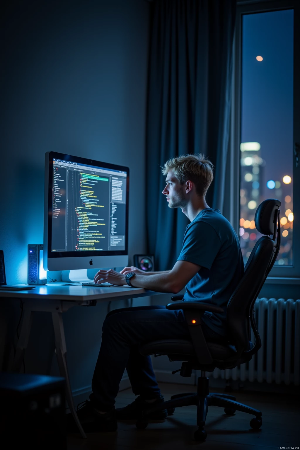 A person sits at a desk in a dimly lit room, working on a computer with code displayed on the screen.