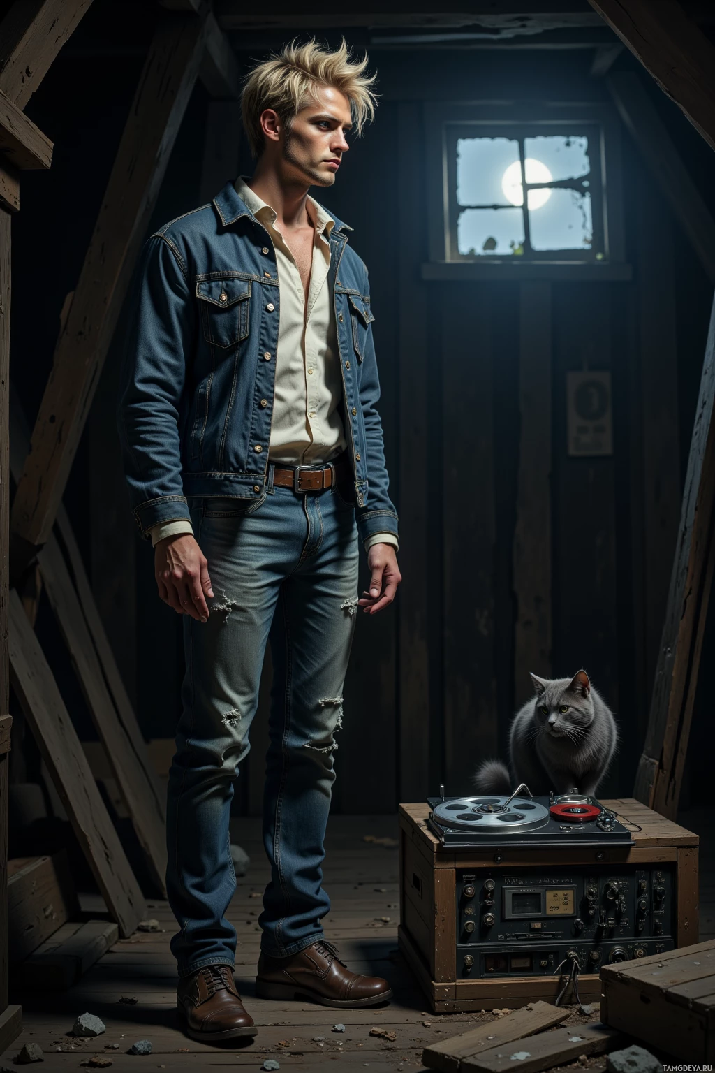 A man in a denim jacket and jeans stands in a dimly lit room with a cat and a vintage reel-to-reel tape recorder.