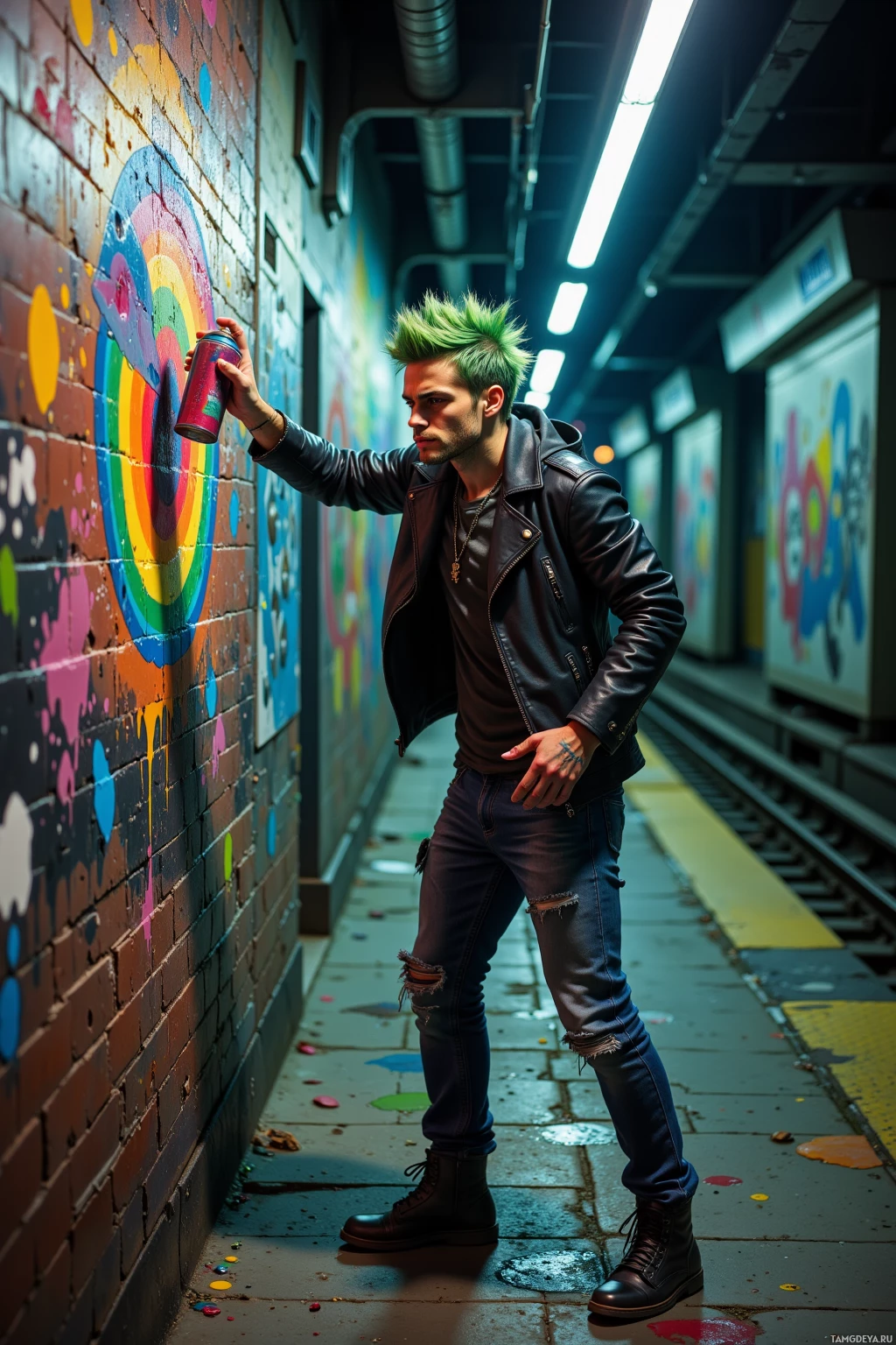 A person with green hair stands in a subway station, holding a spray paint can near a wall with colorful graffiti.