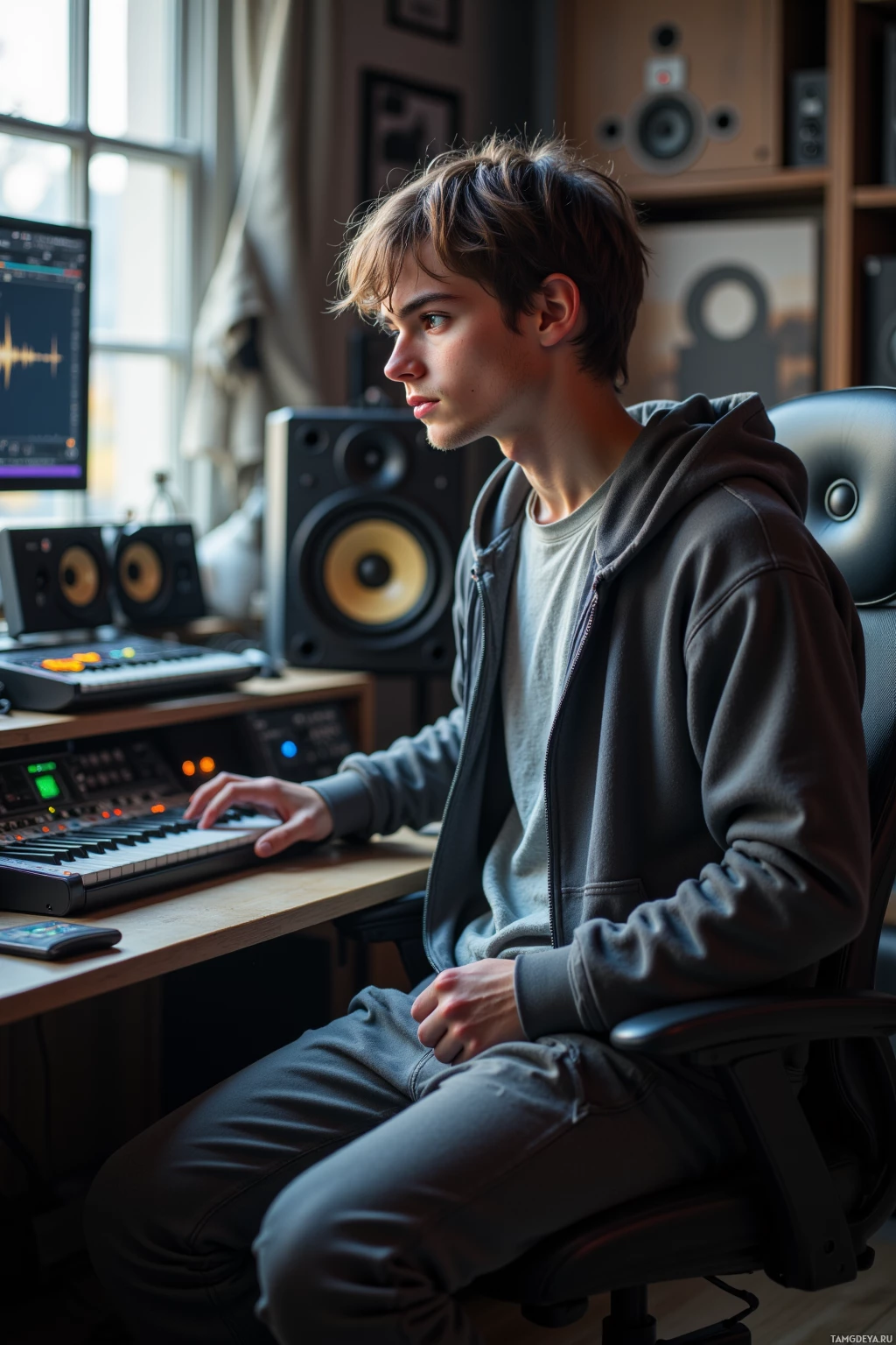 A young person sits at a desk in a home studio, working on music production.