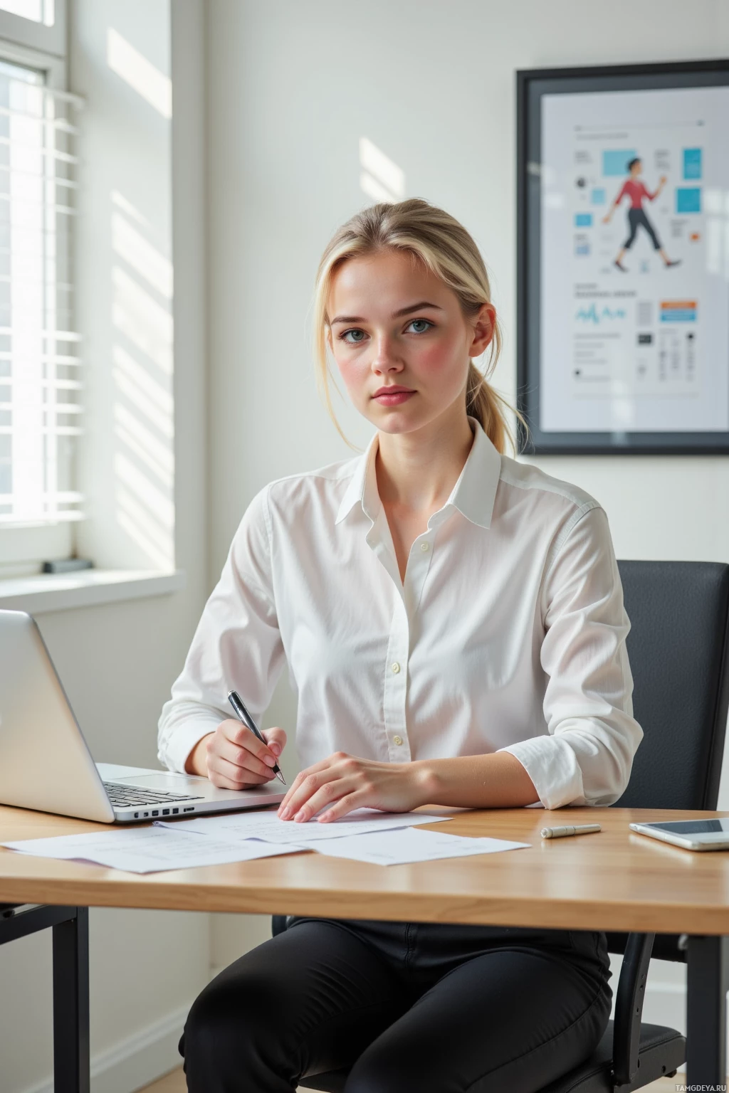 A woman in a white shirt sits at a desk with a laptop, pen, and papers, in a well-lit office setting.