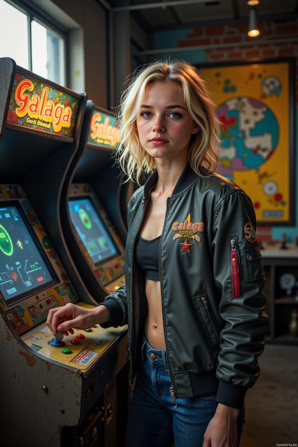 A person stands in front of a Galaga arcade game, wearing a bomber jacket and jeans.