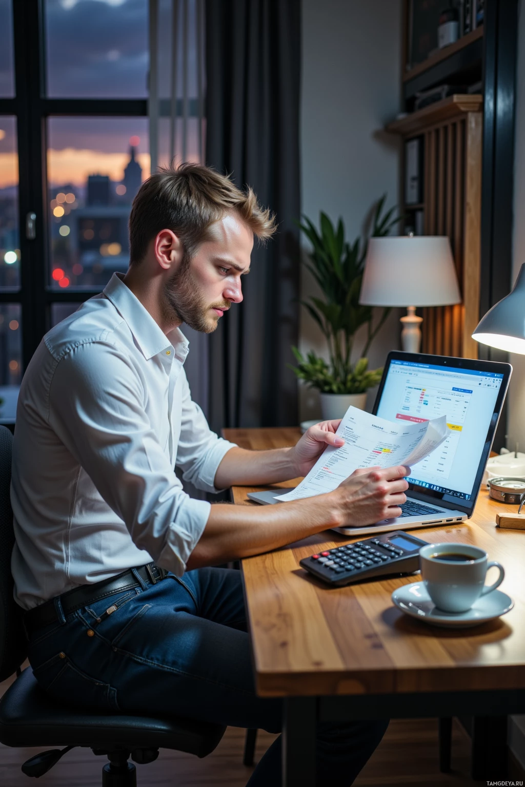A man is working at a desk, reviewing documents and using a laptop in a dimly lit room with a cityscape view.